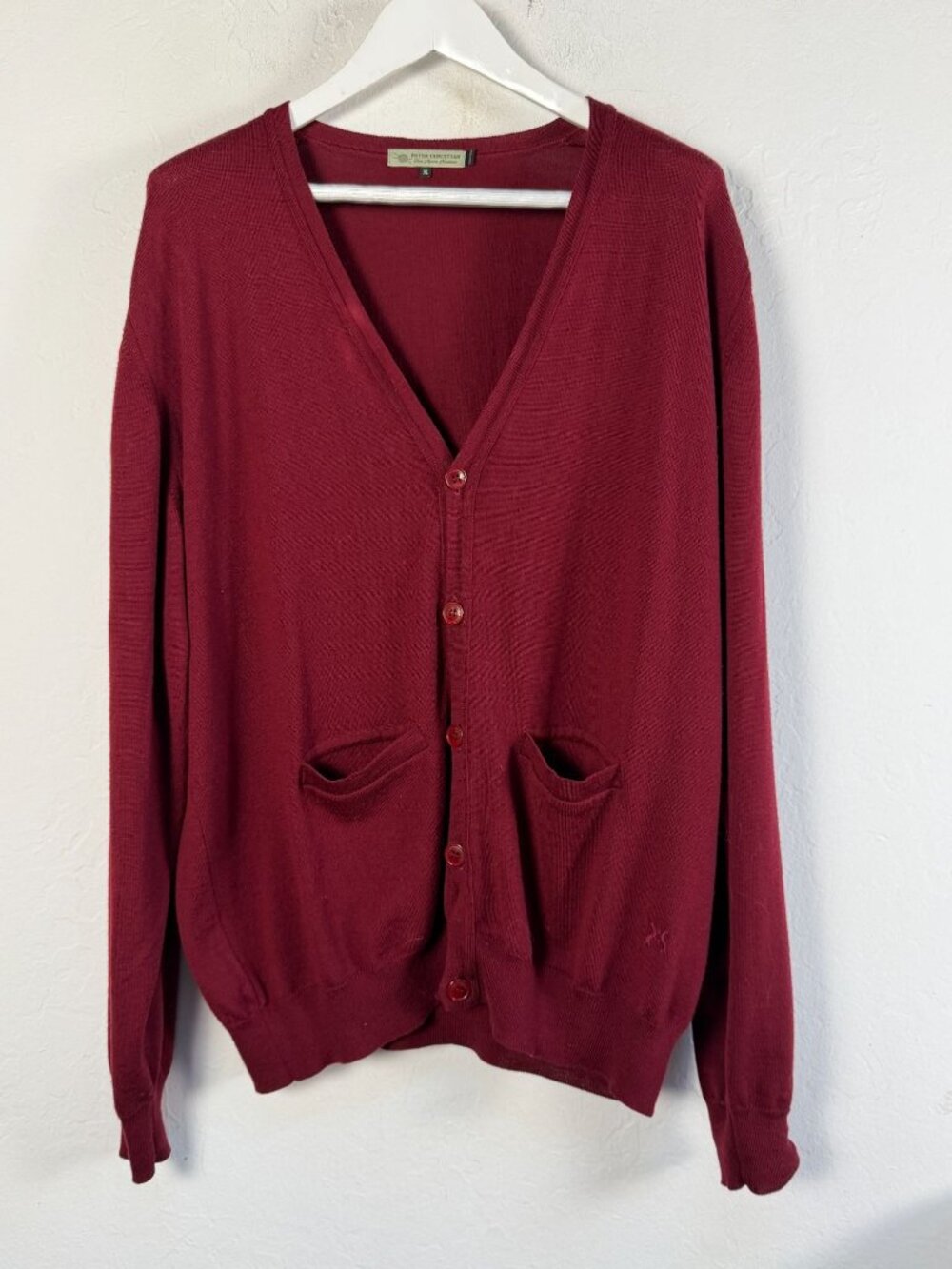 Peter Christian Cardigan Men's XL Merino Wool Burgundy V-Neck Pocket Sweater